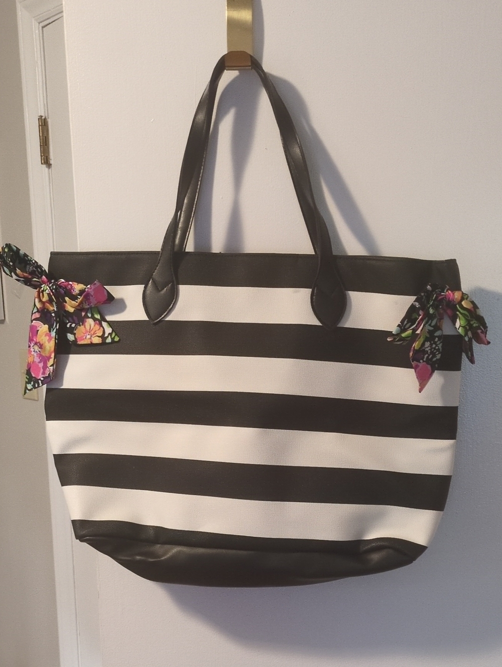 Striped Black & White Tote with Floral Accent Scarf